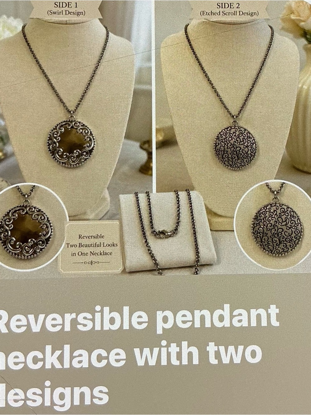 Reversible Round Pendant Necklace - Antique Silver